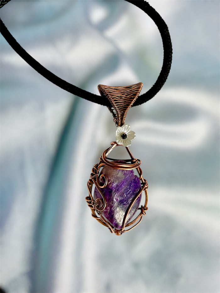 Charoite Wire Wrapped Pendant With Flower Accent