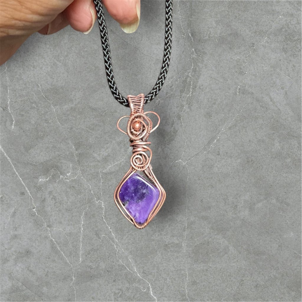Charoite Wire Wrapped Pendant with Flower Accent