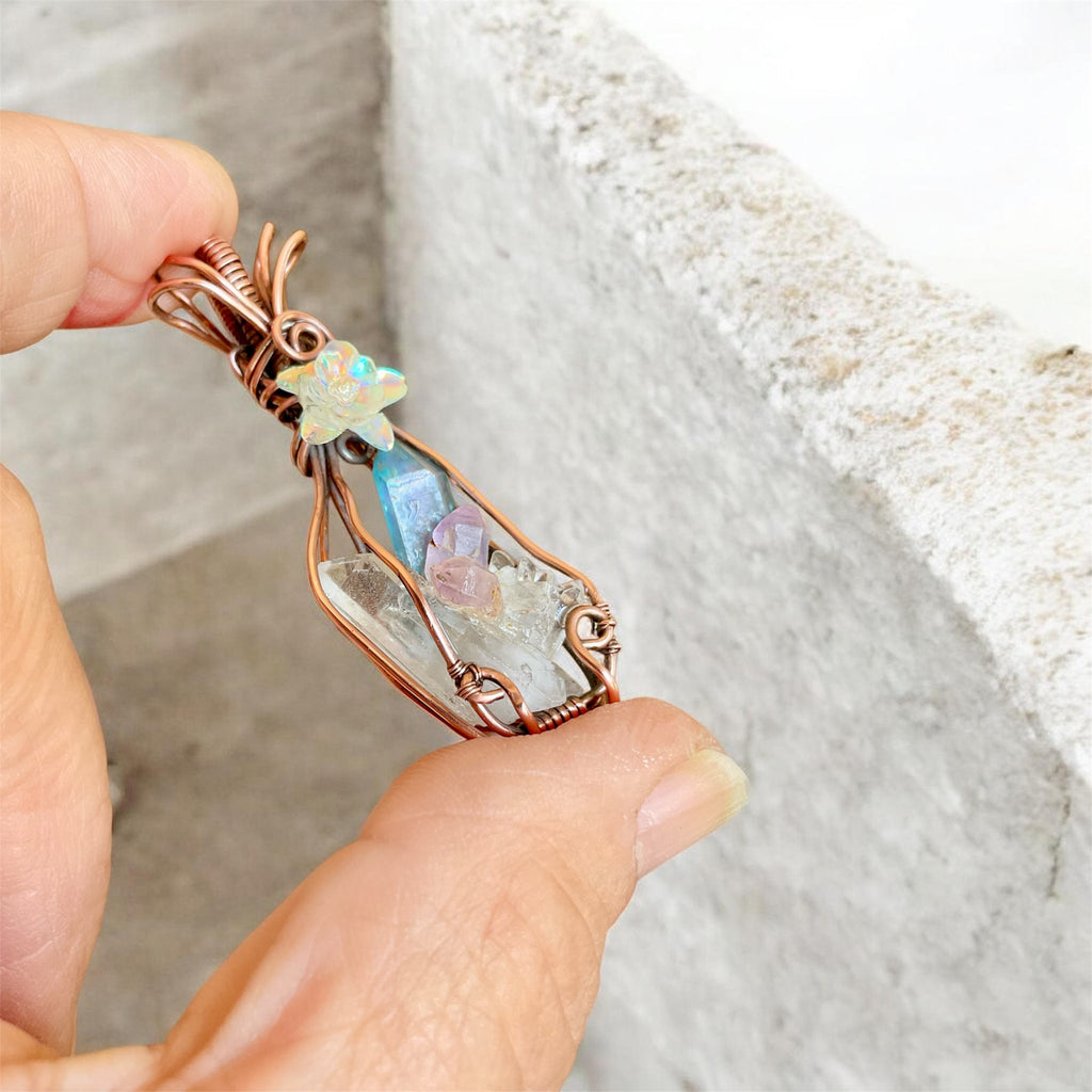 🔮 Wire Wrapped Triple Stone Pendant (Clear Quartz, Amethyst, Aqua Aura) - Connie’s Crystals 