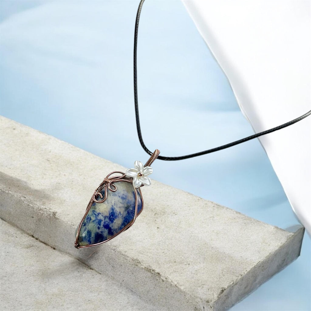 Sodalite Copper Wire Wrapped Pendant with Flower Accent