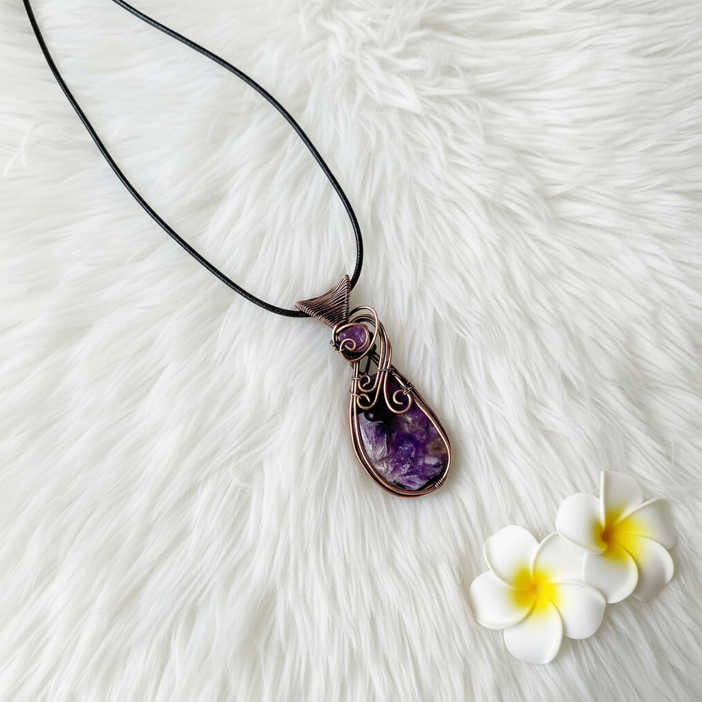 Charoite Wire Wrapped Pendant With Amethyst Accent - Connie’s Crystals 