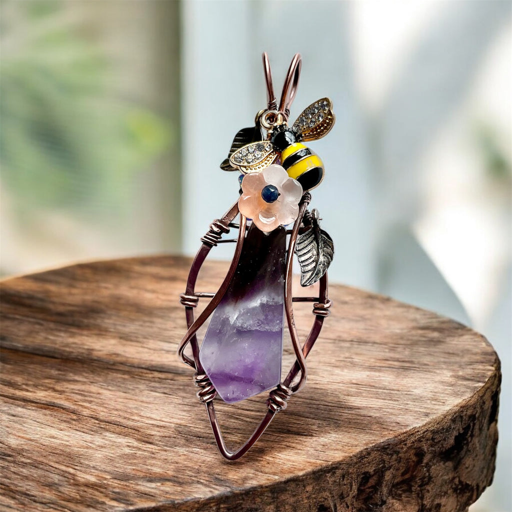 Large Chevron Amethyst Pendant – Diamond Frame with Bee & Peach Glass Flower - Connie’s Crystals 