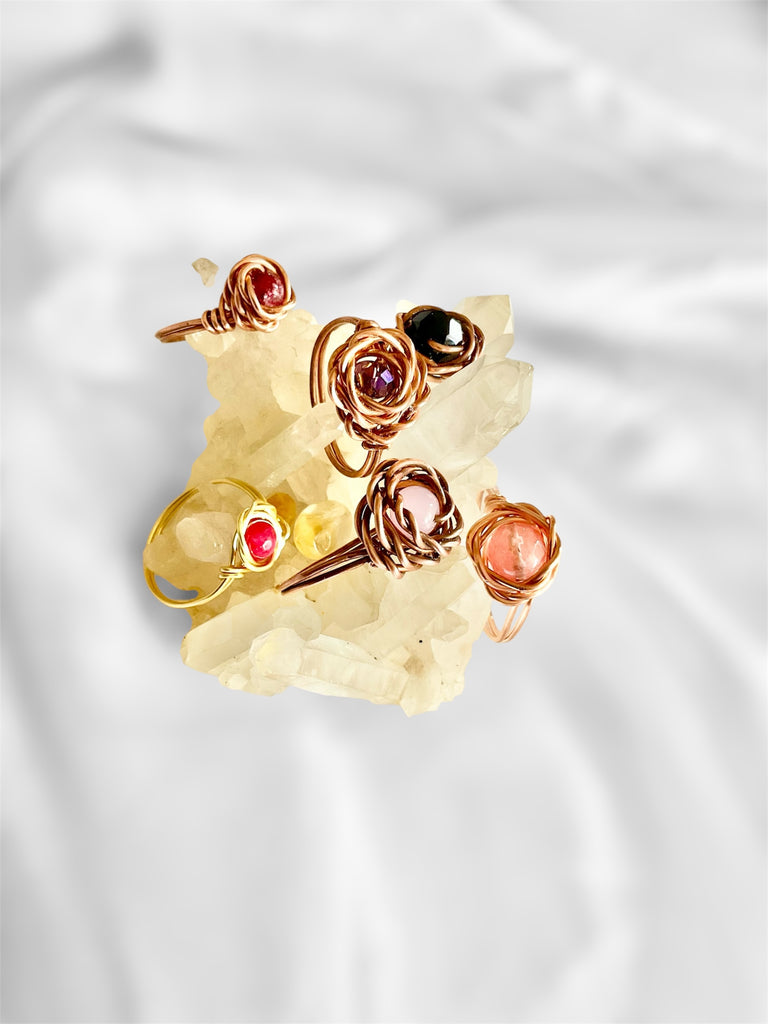 Handcrafted Copper Rose Rings with Gemstone Centres
