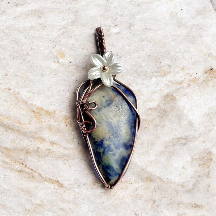 Sodalite Copper Wire Wrapped Pendant with Flower Accent