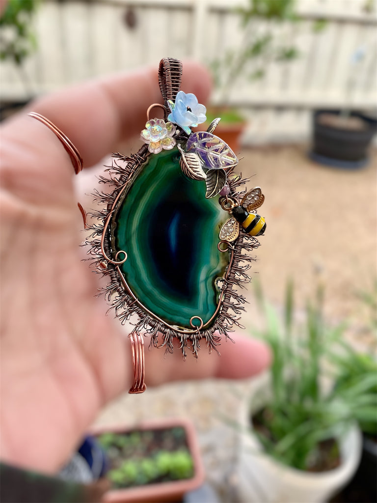 Teal Coloured Agate Slice Sun Pendant with Bee and Floral Accents