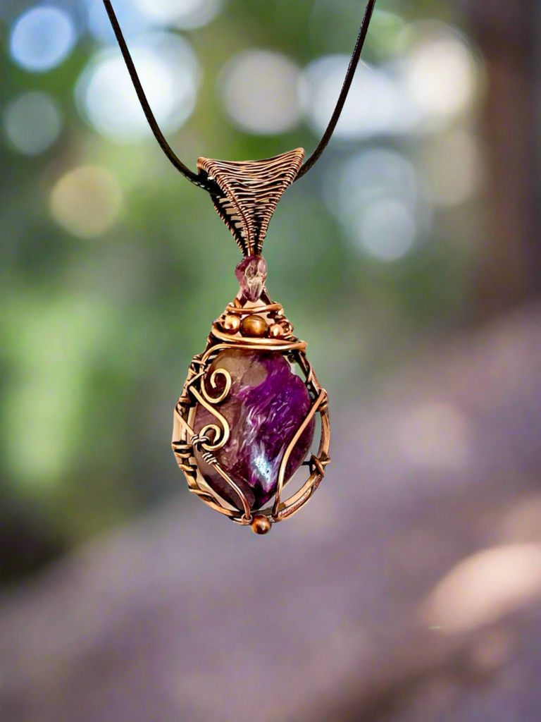 Charoite Wire Wrapped Pendants With Amethyst Accent