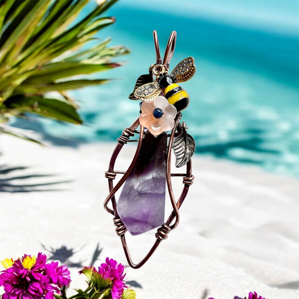 Large Chevron Amethyst Pendant – Diamond Frame with Bee & Peach Glass Flower - Connie’s Crystals 