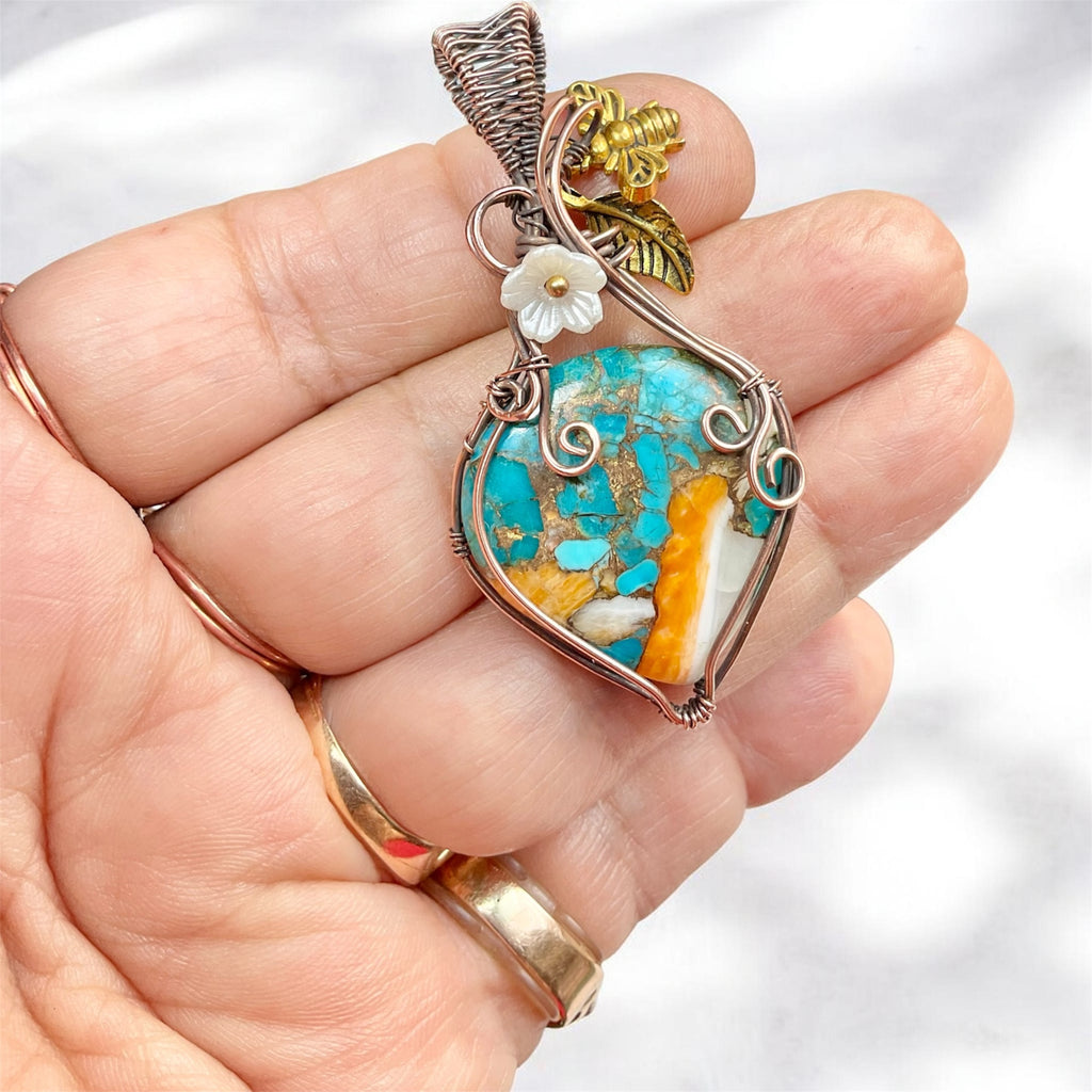 Spiny Oyster Turquoise Copper Wire-Wrapped Pendant