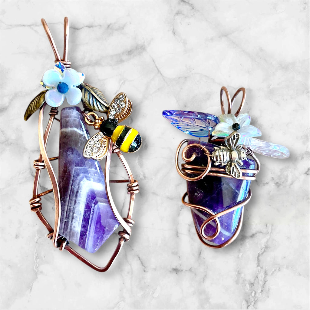 Chevron Amethyst “Bee & Bloom” Pendant-(Large) - Connie’s Crystals 