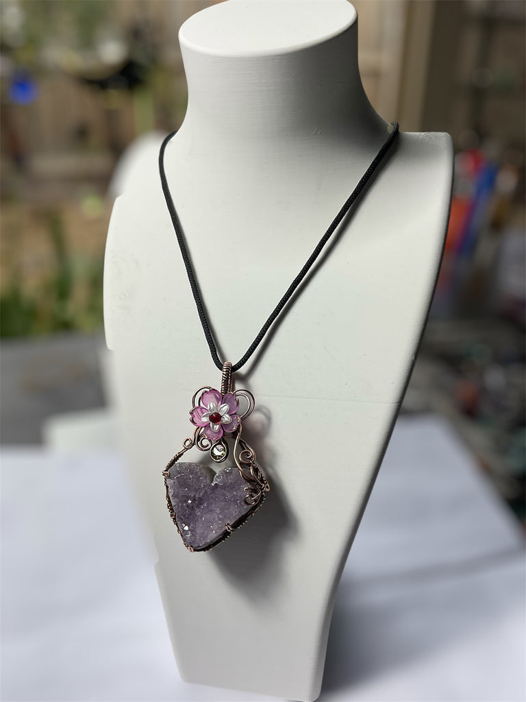 Amethyst Druzy Heart Pendant with Peridot & Flower Accent - Connie’s Crystals 