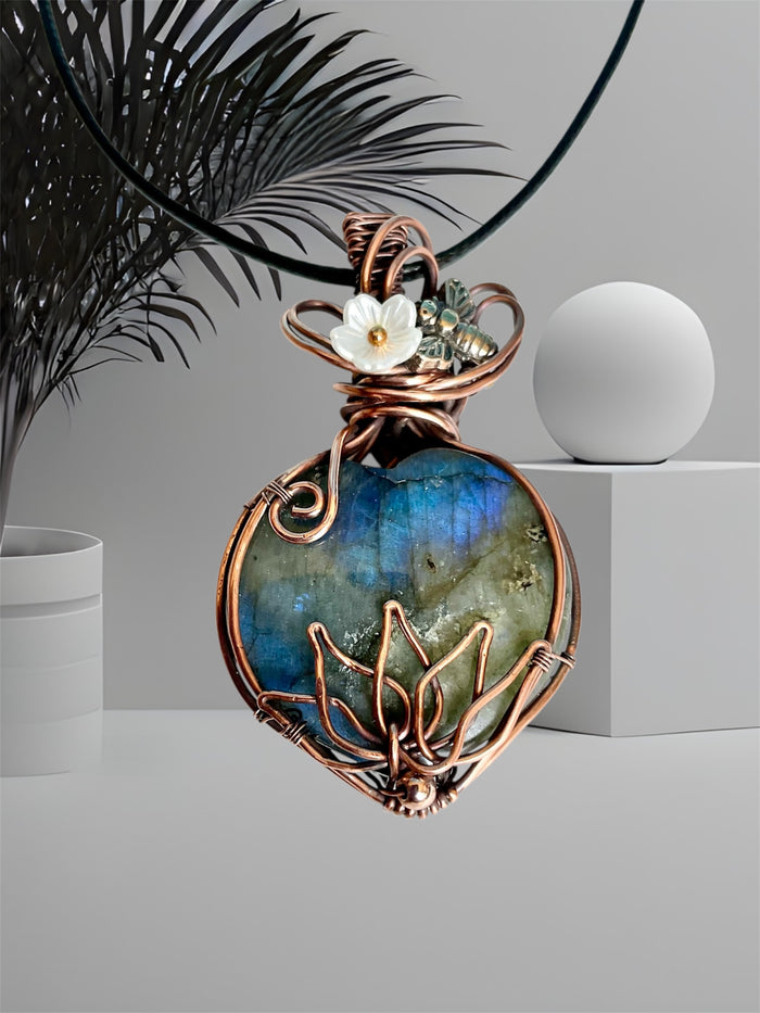 Labradorite Heart Pendant with Lotus, Flower & Bee Accents - Connie’s Crystals 