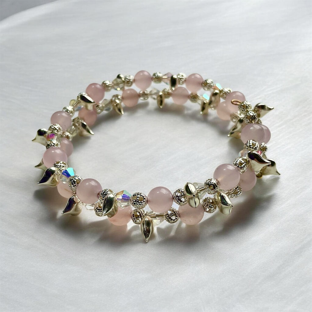 Rose Quartz “Chain Of Hearts” Memory Wire Bracelet - Connie’s Crystals 