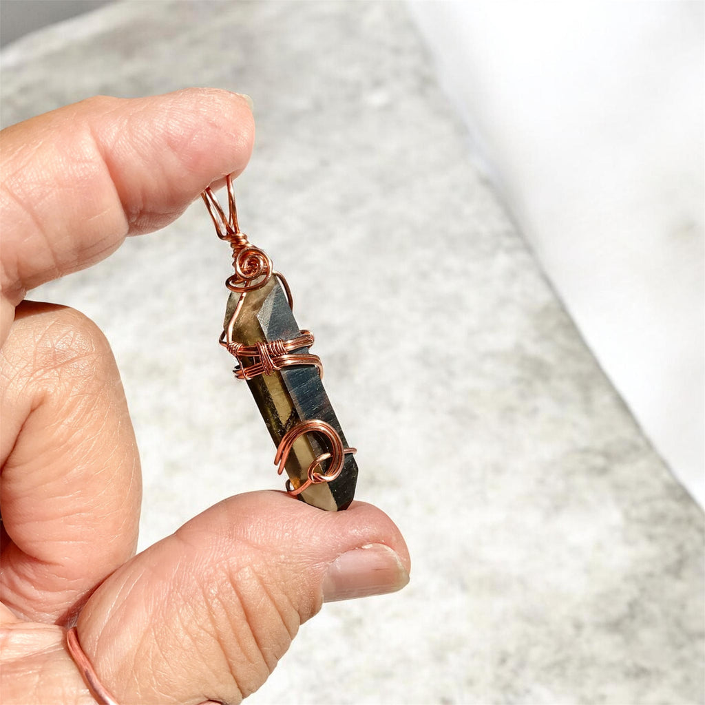 Himalayan Smoky Lemurian Quartz Point Copper Wire Wrapped Pendant