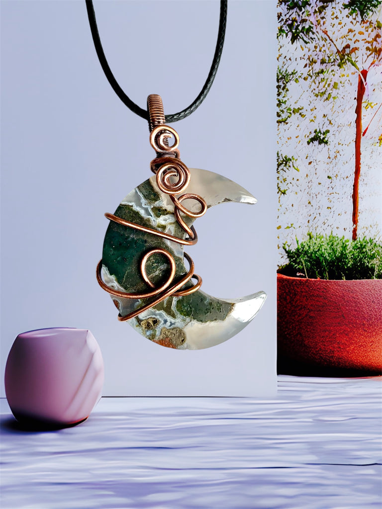 Moss Agate Crescent Moon Pendant – Copper Wire Wrapped - Connie’s Crystals 