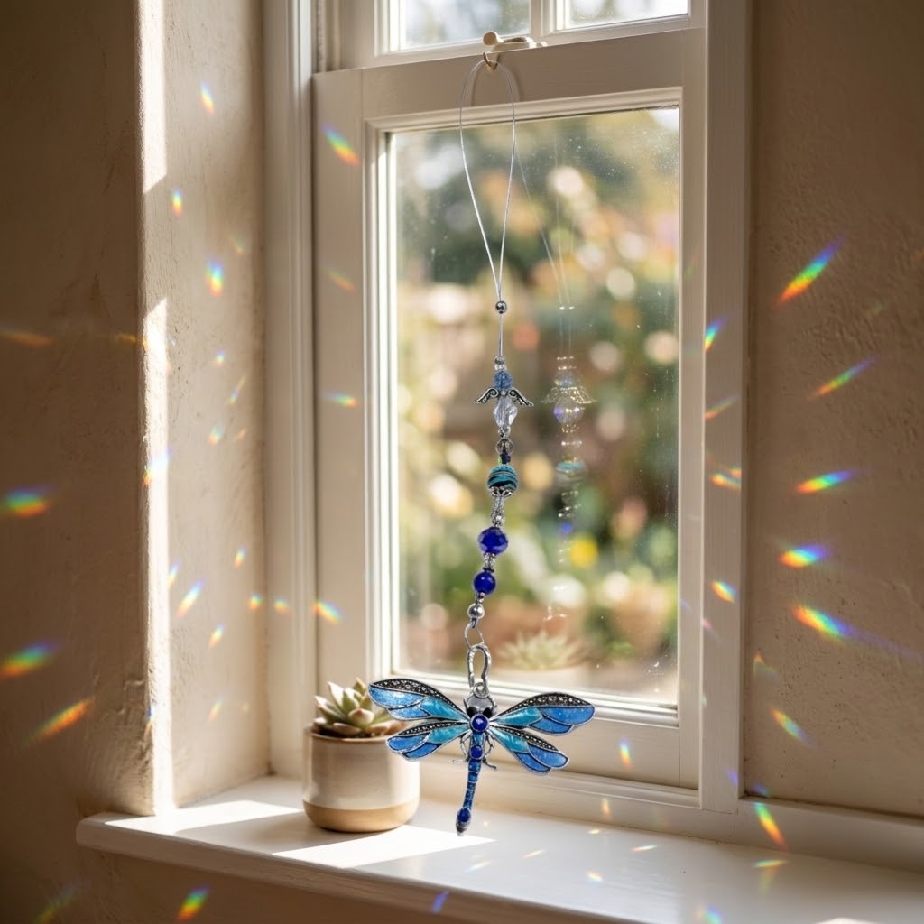 Blue Dragonfly Sun Catcher with Angel and Beaded Detail