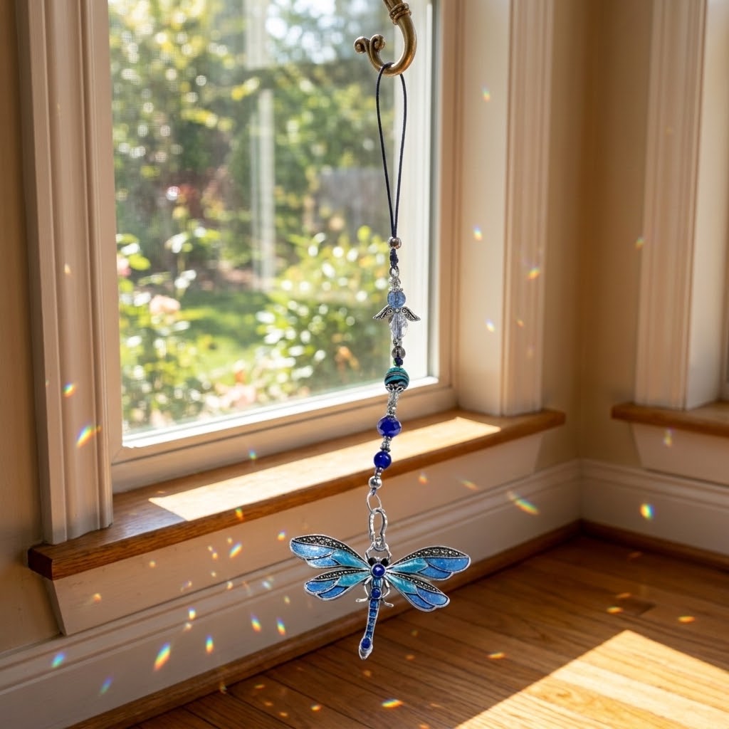 Blue Dragonfly Sun Catcher with Angel and Beaded Detail