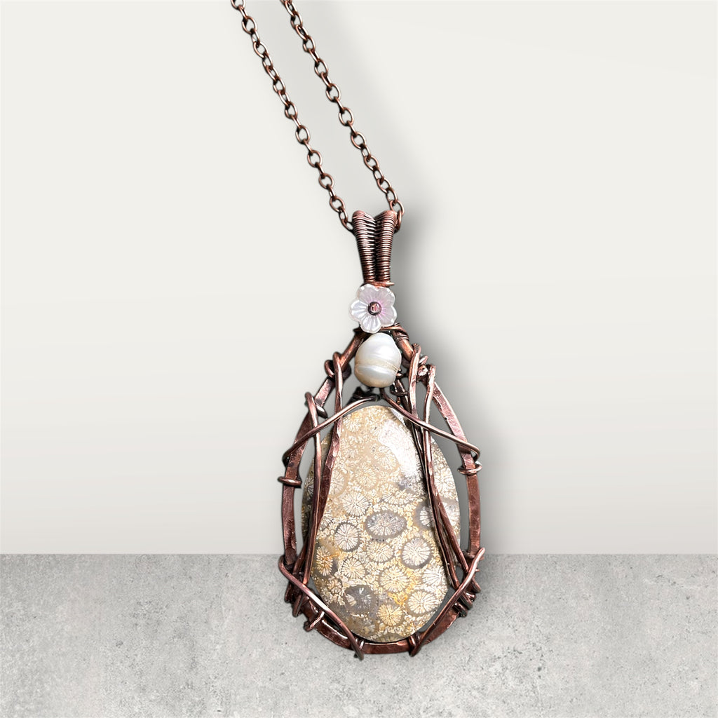 Coral Fossil Pendant With Fresh Water Pearl and Flower Accents