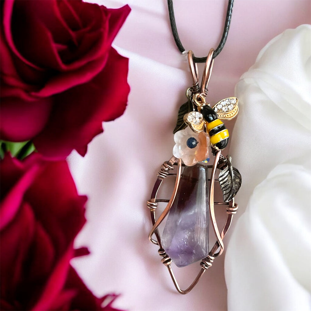 Large Chevron Amethyst Pendant – Diamond Frame with Bee & Peach Glass Flower - Connie’s Crystals 