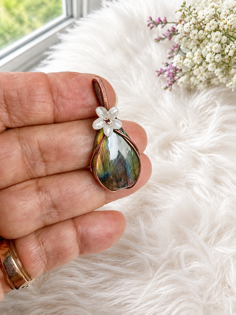 Labradorite Copper Wire Wrapped Pendants with Flower Accent - Connie’s Crystals 