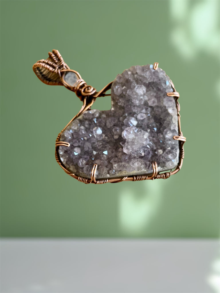Amethyst Druzy Heart Pendant with Moonstone Accent - Connie’s Crystals 