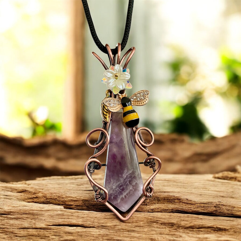 Amethyst Pendant with Bee & Floral Accents - Connie’s Crystals 