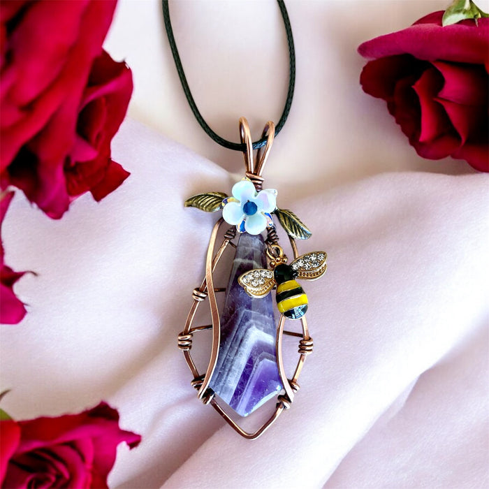 Chevron Amethyst “Bee & Bloom” Pendant-(Large) - Connie’s Crystals 