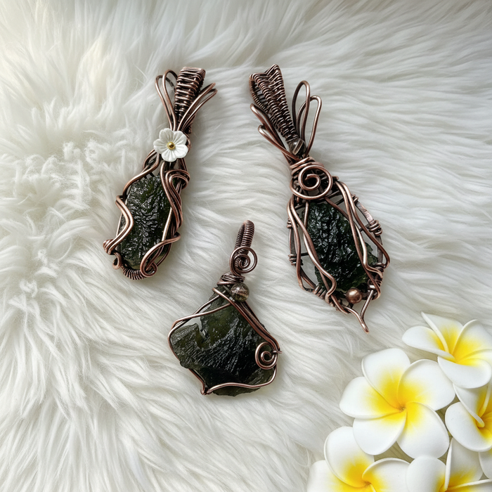 Moldavite Pendants | Handcrafted Copper Wire Wrapped