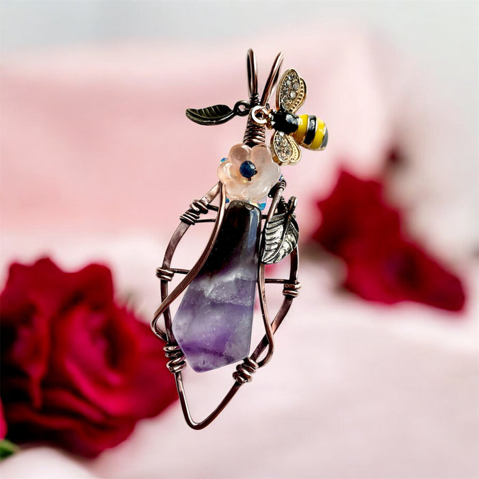 Large Chevron Amethyst Pendant – Diamond Frame with Bee & Peach Glass Flower - Connie’s Crystals 