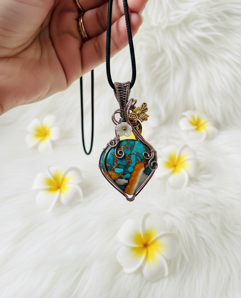 Spiny Oyster Turquoise Copper Wire-Wrapped Pendant