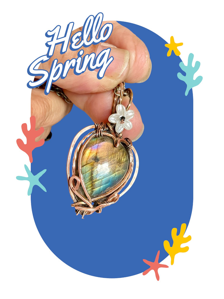 Labradorite Teardrop Pendant with Flower & Black Spinel Accent