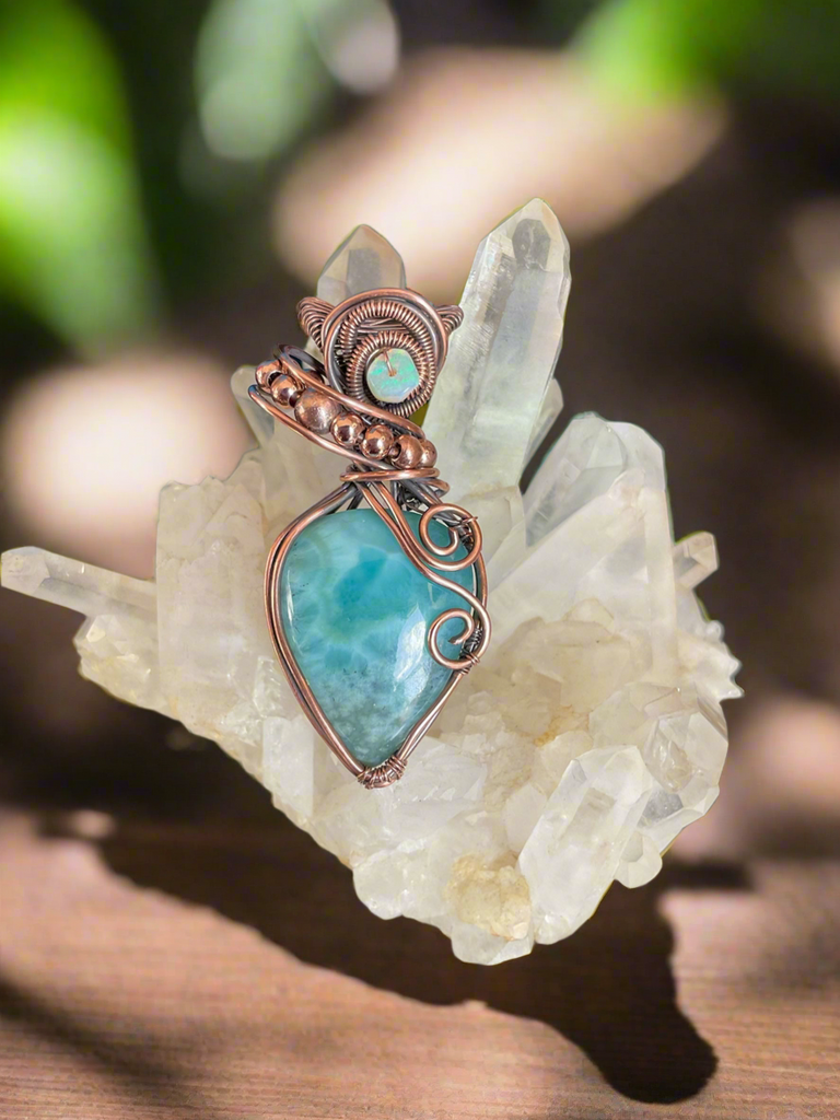 Larimar Wire Wrapped Pendants with Ethiopian Opal Accents
