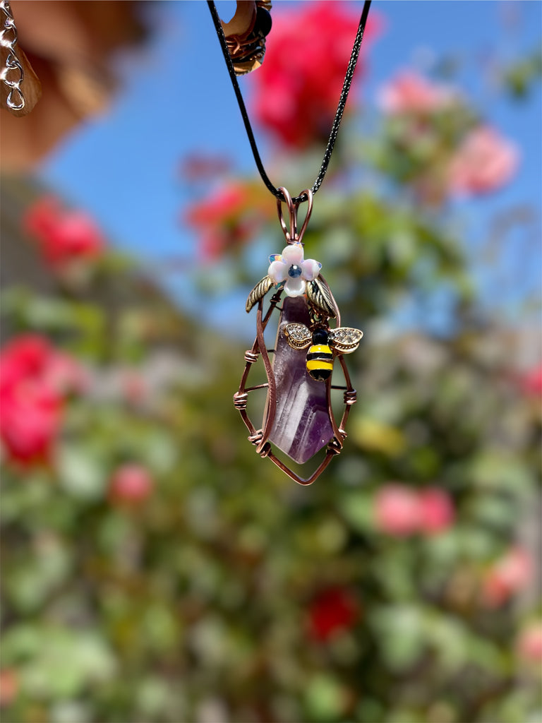 Chevron Amethyst “Bee & Bloom” Pendant-(Large) - Connie’s Crystals 