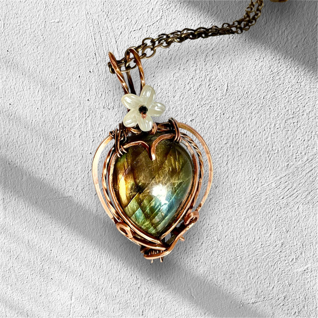 Labradorite Teardrop Pendant with Flower & Black Spinel Accent