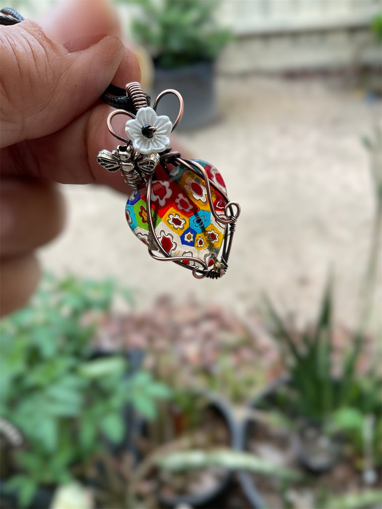 Millefiori Heart Pendant with Bee & Spinel Flower Accents