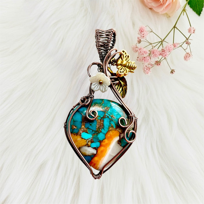 Spiny Oyster Turquoise Copper Wire-Wrapped Pendant
