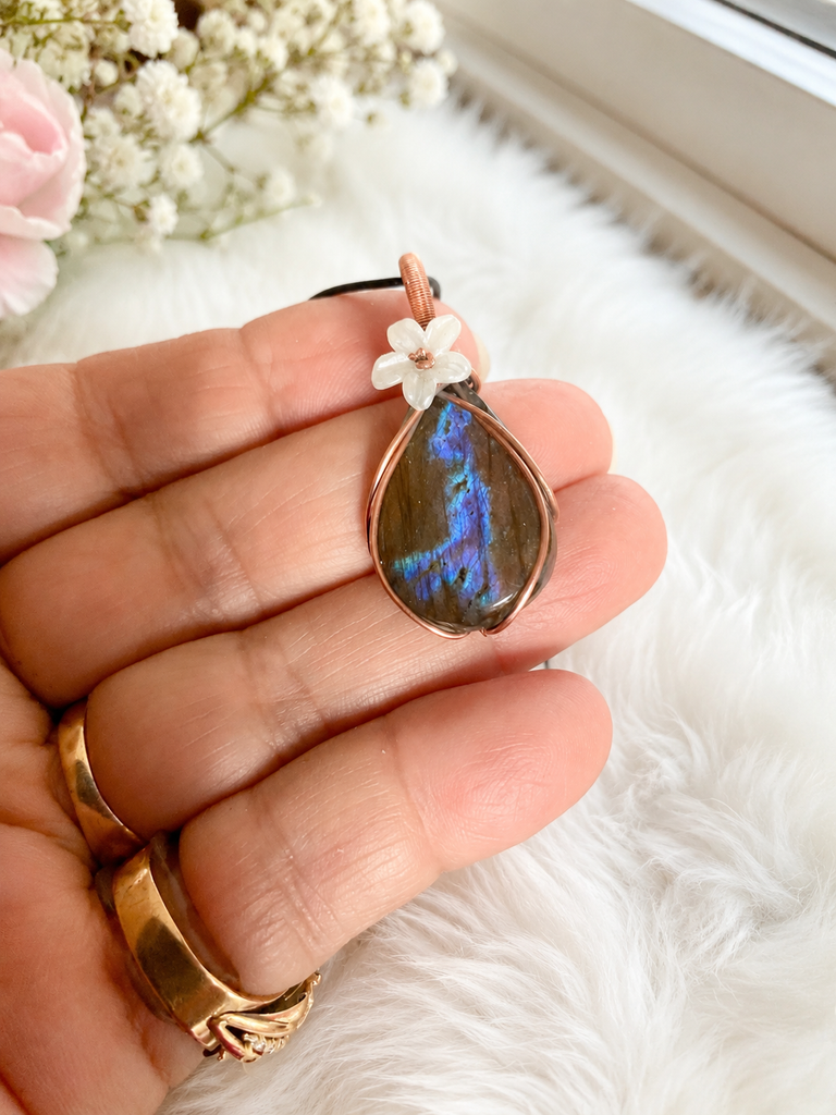 Labradorite Copper Wire Wrapped Pendants with Flower Accent - Connie’s Crystals 