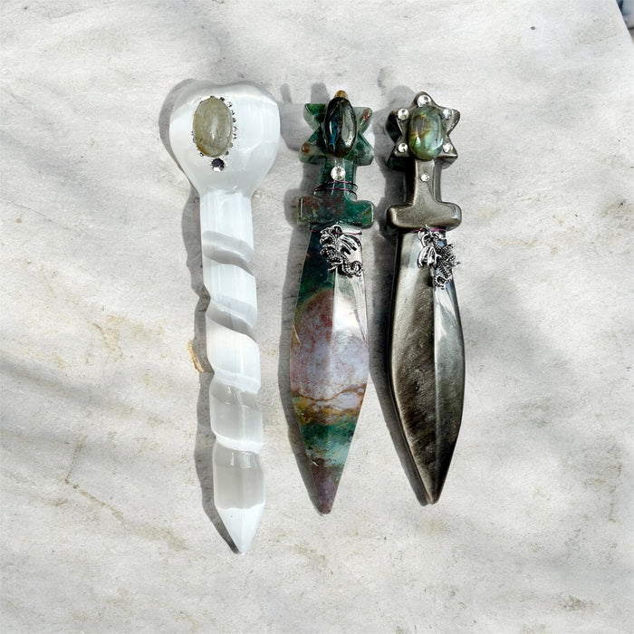 Crystal Athames & Selenite Ritual Wand with Labradorite – Choose Your Piece