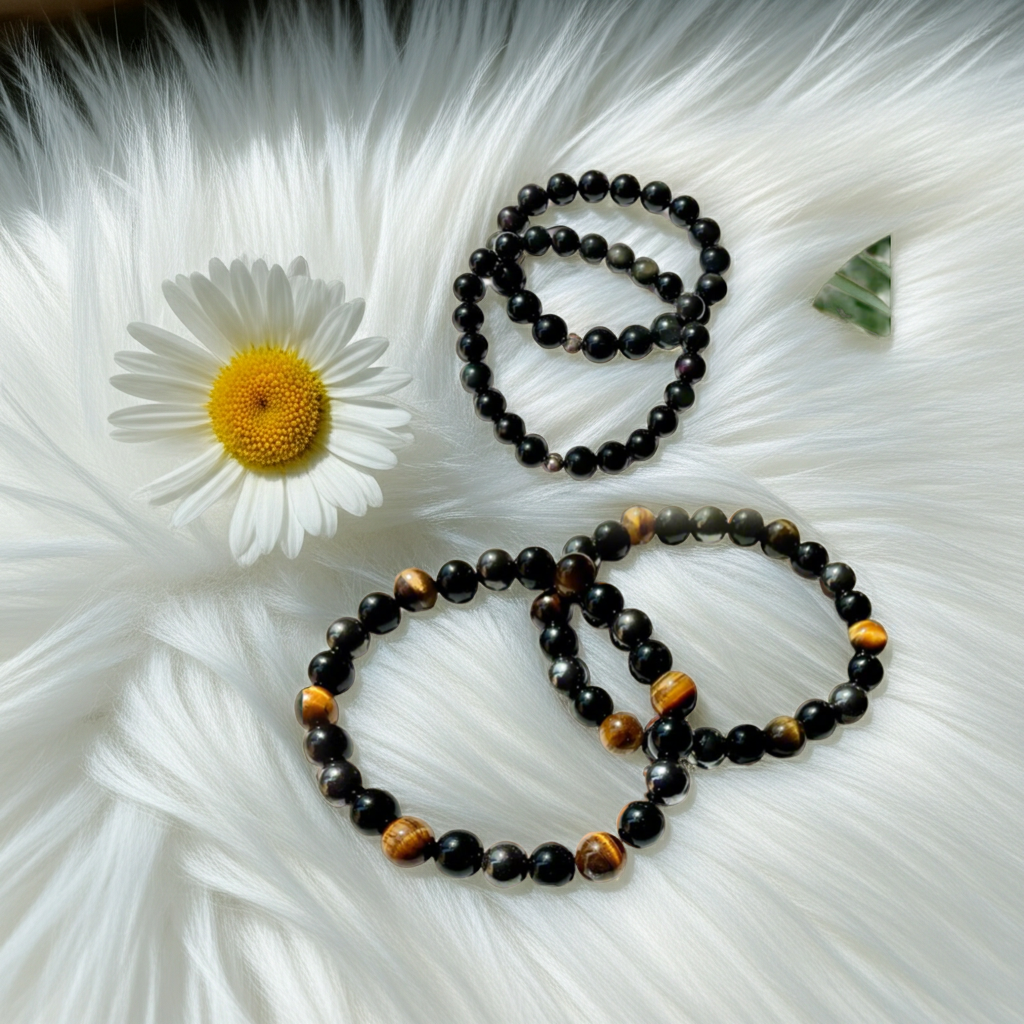 Triple Protection, Tiger Eye and Obsidian Bracelets