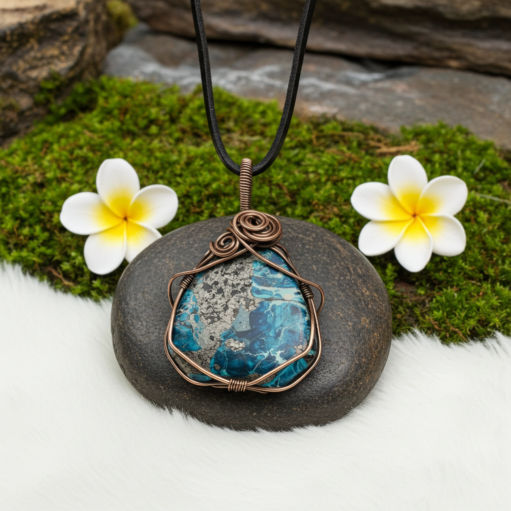 Sea Sediment Jasper and Pyrite Wire Wrapped Pendant - Connie’s Crystals 
