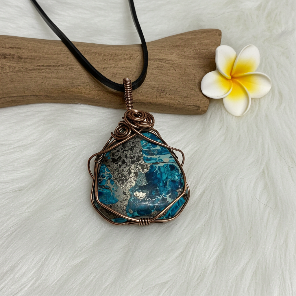 Sea Sediment Jasper and Pyrite Wire Wrapped Pendant - Connie’s Crystals 