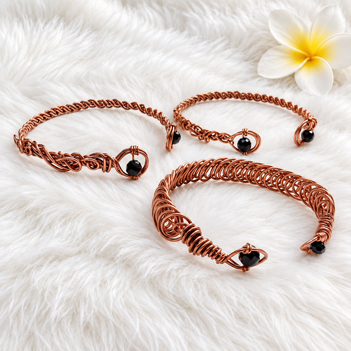 Handmade Copper Cuff Bracelets with Black Crystals