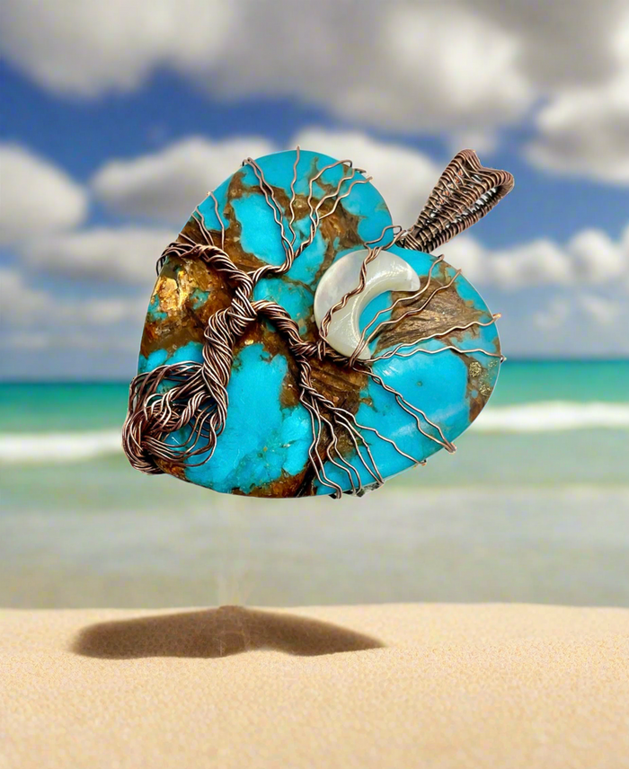 Copper Turquoise Heart Tree of Life Pendant