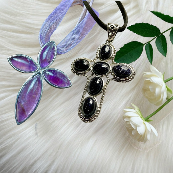 Amethyst & Blue Sandstone Gemstone Cross Pendants