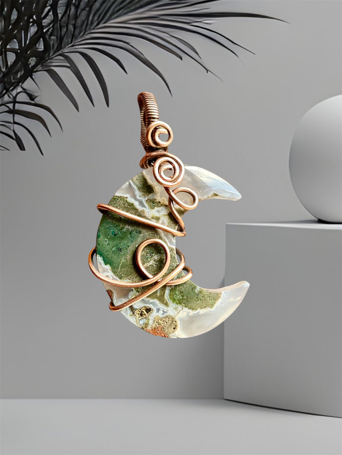 Moss Agate Crescent Moon Pendant – Copper Wire Wrapped - Connie’s Crystals 