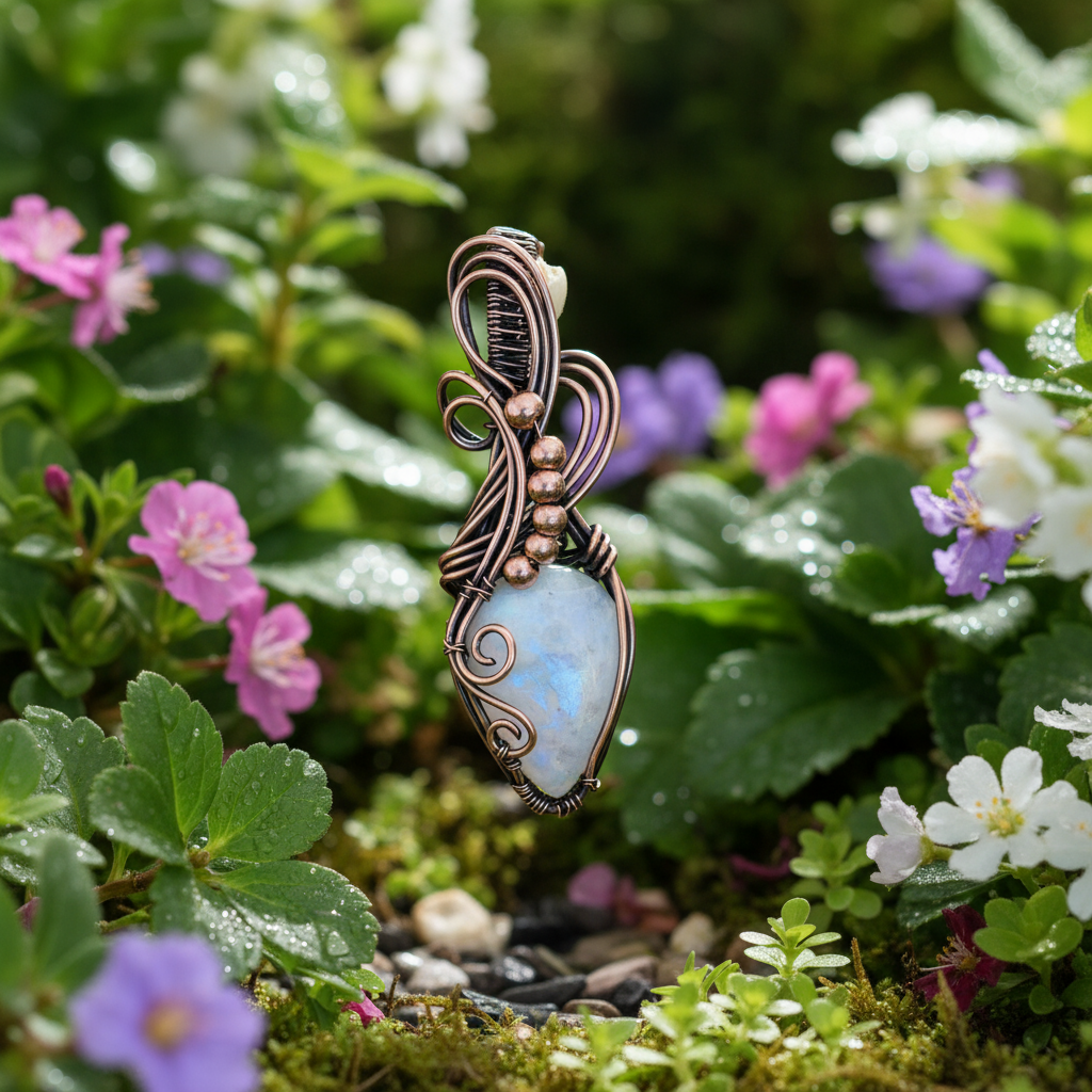 Rainbow Moonstone Wire Wrapped Pendant