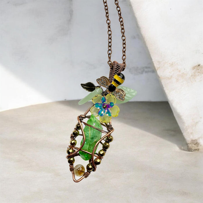 Green Aura Quartz Bee & Blossom Wire Wrapped Pendant
