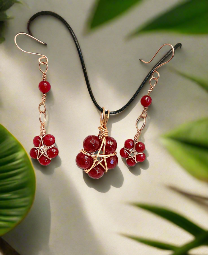 Brazilian Red Ruby Pentagram Pendant and Earrings Set