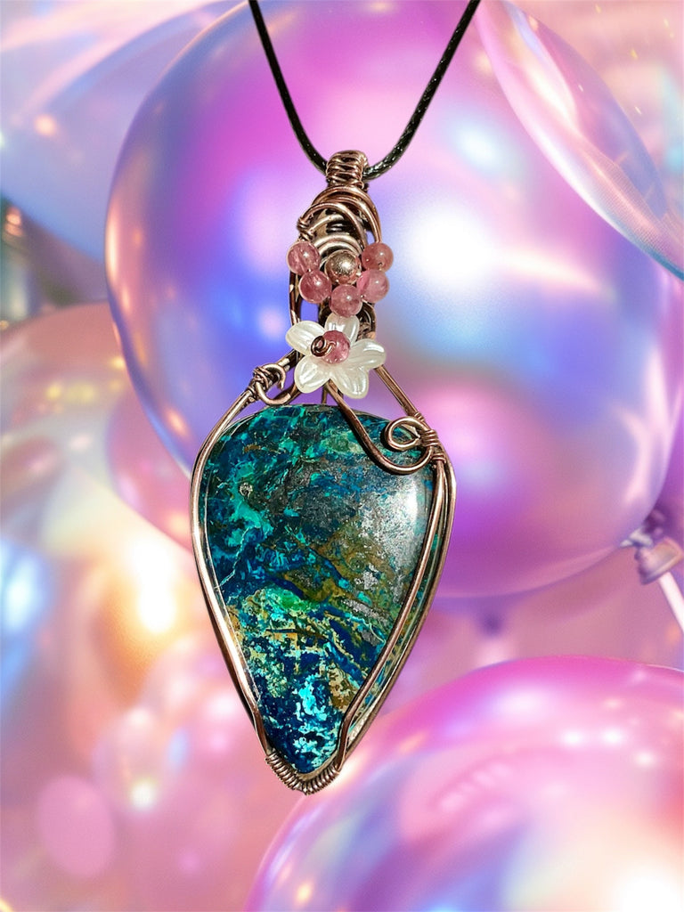 Azurite Pendant with Pink Tourmaline and Flower Accent