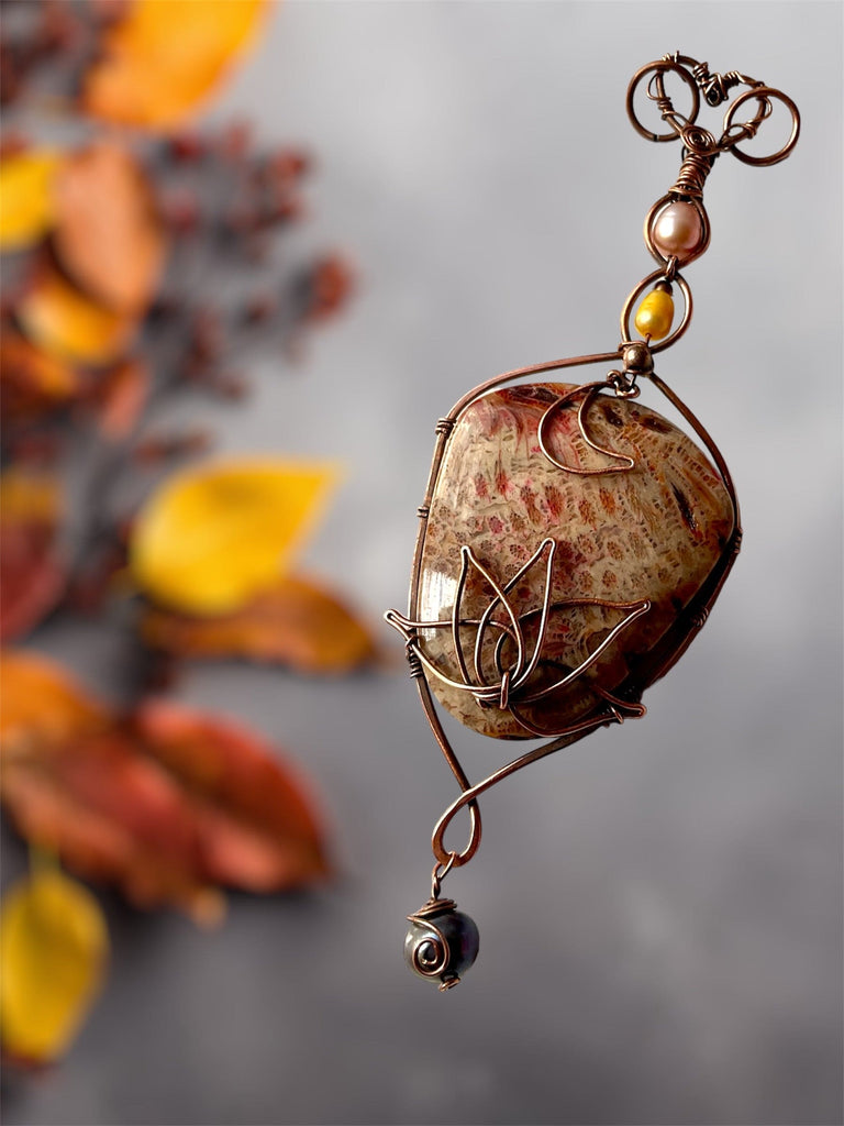 Coral Fossil Pendant with Fresh Water Pearls