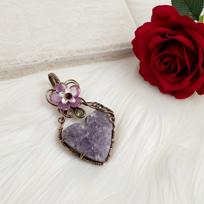 Amethyst Druzy Heart Pendant with Peridot & Flower Accent - Connie’s Crystals 